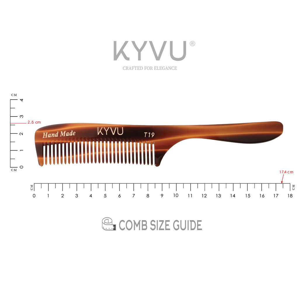 KYVU T19 tortoiseshell rake comb with handle specifications — 17.4 cm, 12 g, cellulose acetate, 29 teeth
