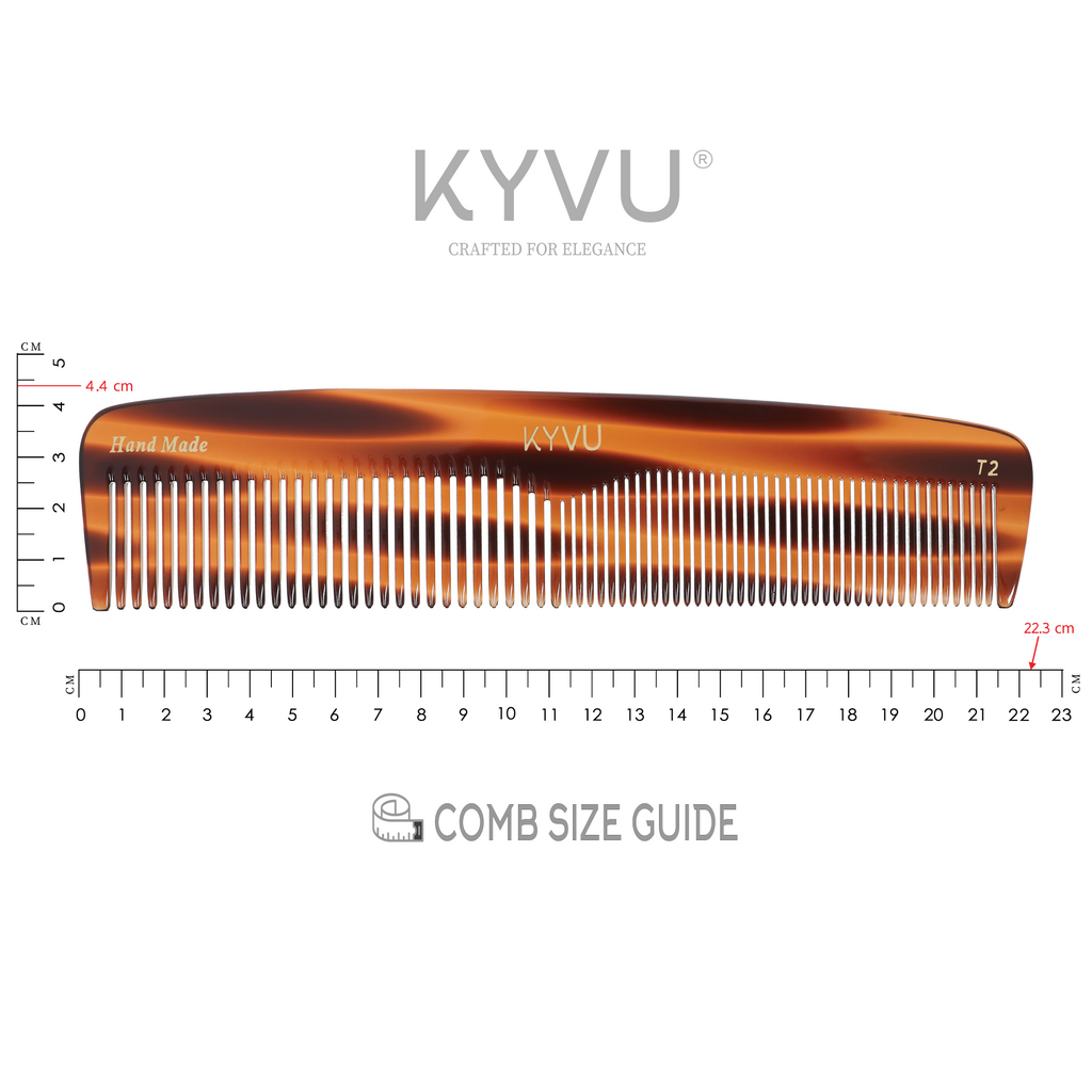 KYVU T2 large tortoiseshell dual-tooth comb specifications — 22.3 cm, 38 g, cellulose acetate, fine and coarse teeth