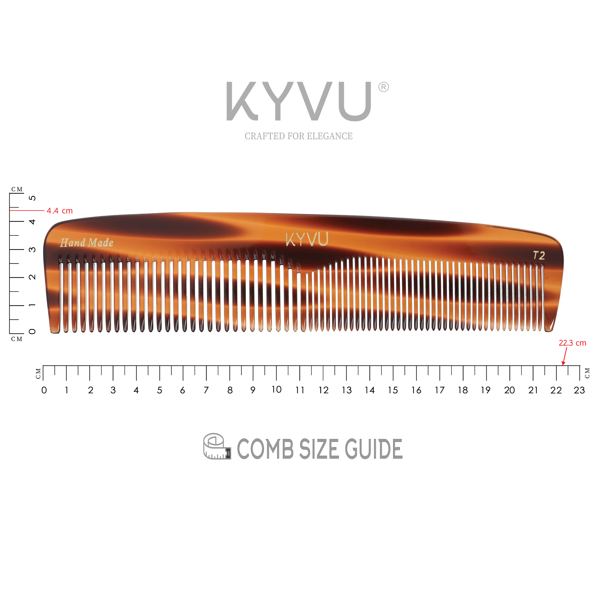 KYVU T2 large tortoiseshell dual-tooth comb specifications — 22.3 cm, 38 g, cellulose acetate, fine and coarse teeth