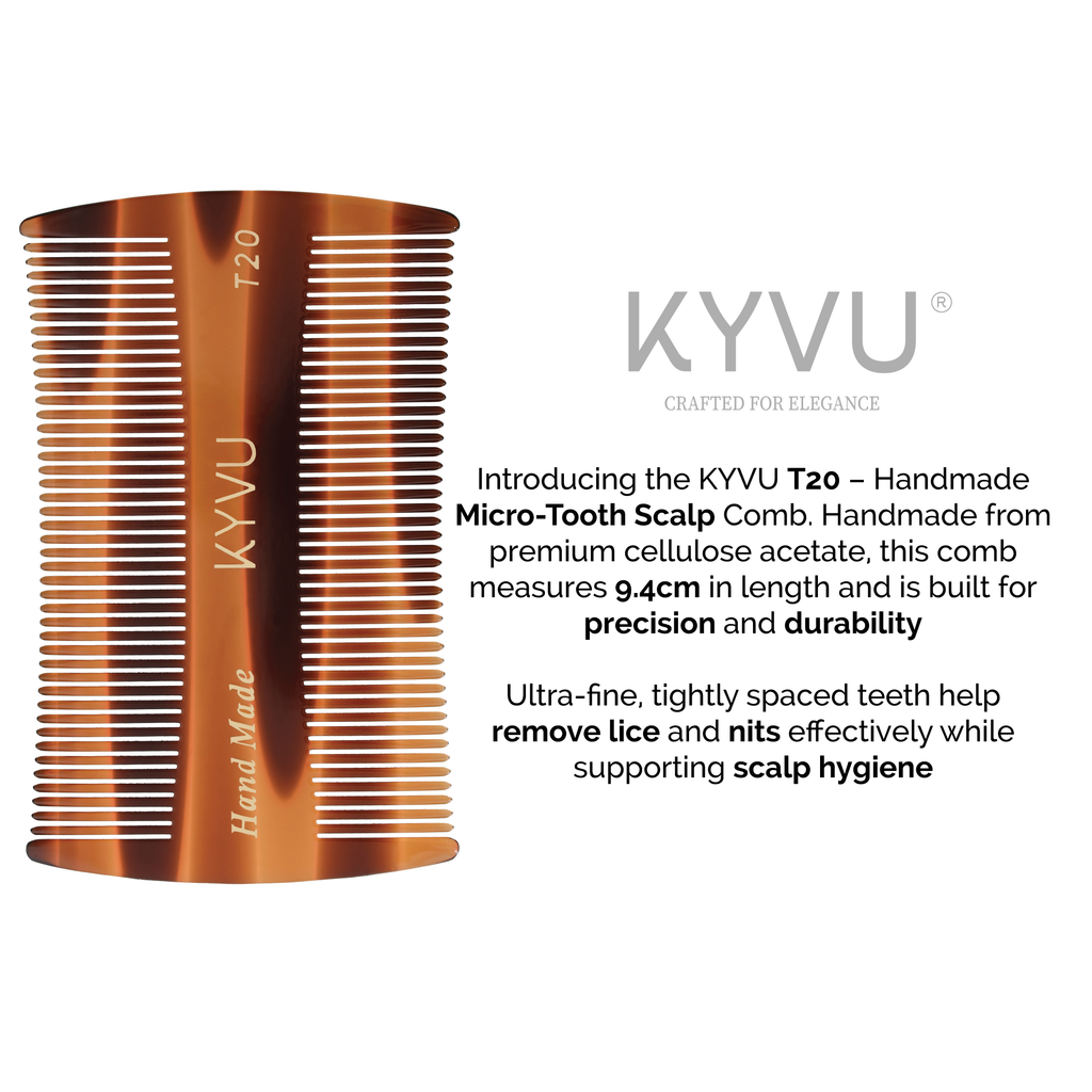KYVU T20 handmade micro-tooth grooming comb — cellulose acetate tortoiseshell, low-static, precision styling for scalp stimulation, beard and fine hair