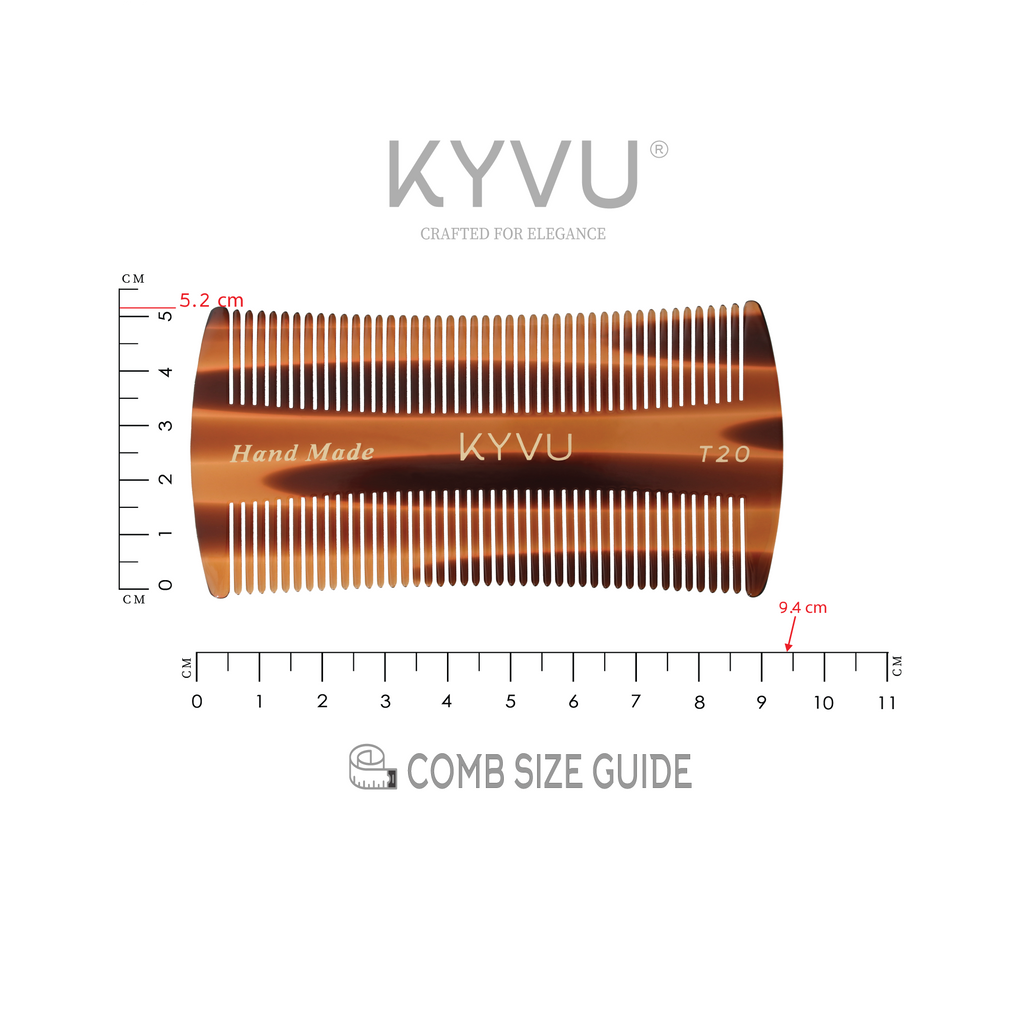 KYVU T20 pocket comb size guide — 9.4 cm length, 5.2 cm width, 0.33 cm thickness, 14 grams ultra-light