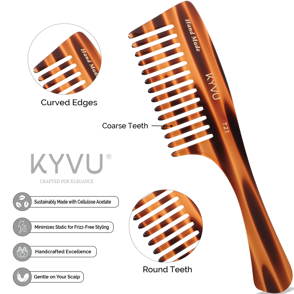 T21 acetate rake comb showing 12 tall wide-spaced teeth in a deep 5.7 cm head with rounded tips