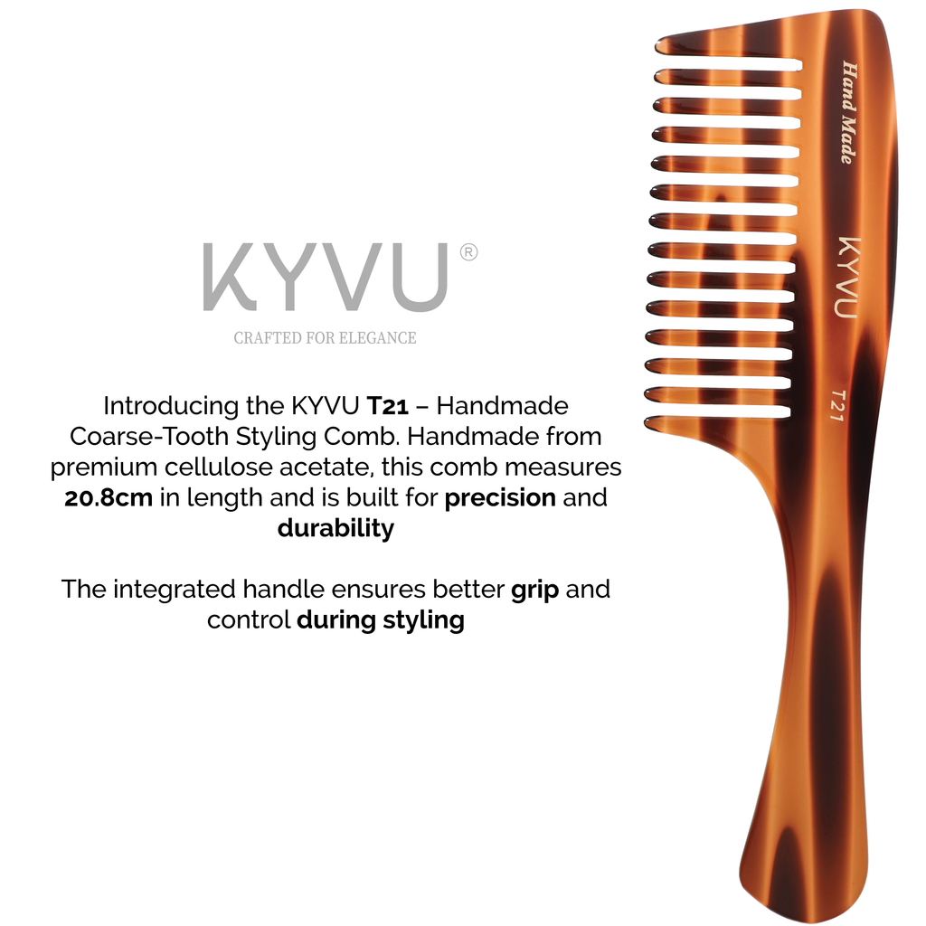 KYVU T21 rake comb size guide — 20.8 cm length, 5.7 cm head depth, 0.375 cm thickness