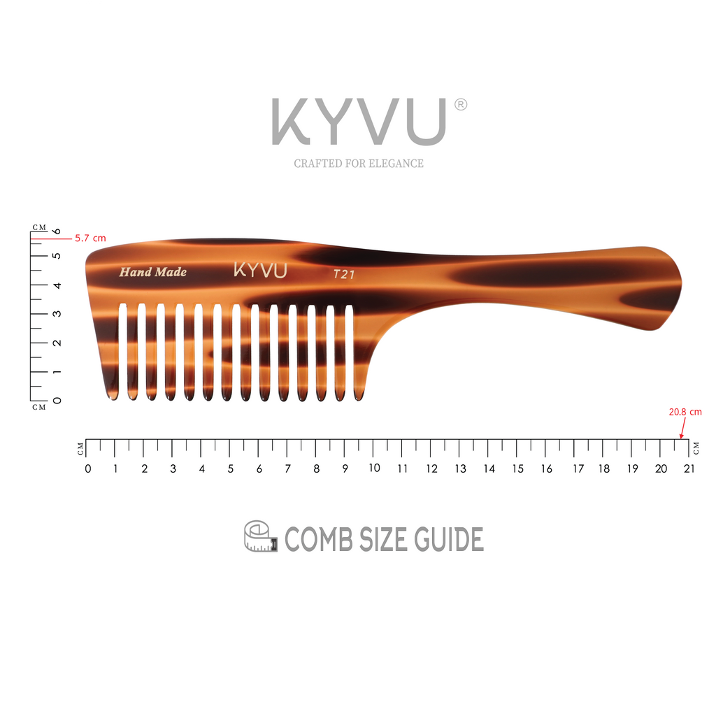 KYVU T21 tortoiseshell rake comb with handle specifications — 20.8 cm, 31 g, cellulose acetate, deep head
