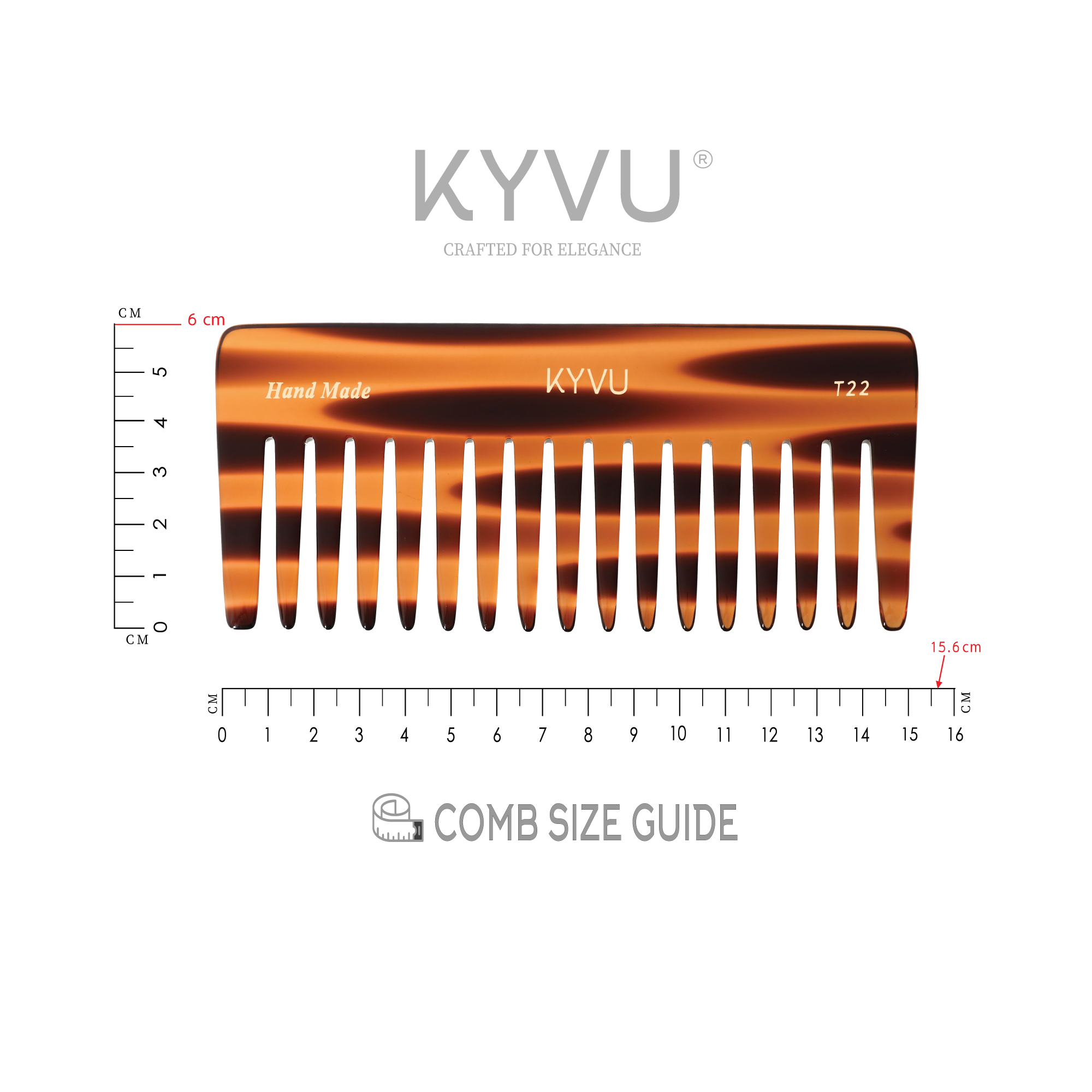 KYVU T22 tortoiseshell wide-tooth detangling comb specifications — 15.6 cm, 38 g, cellulose acetate, wide teeth