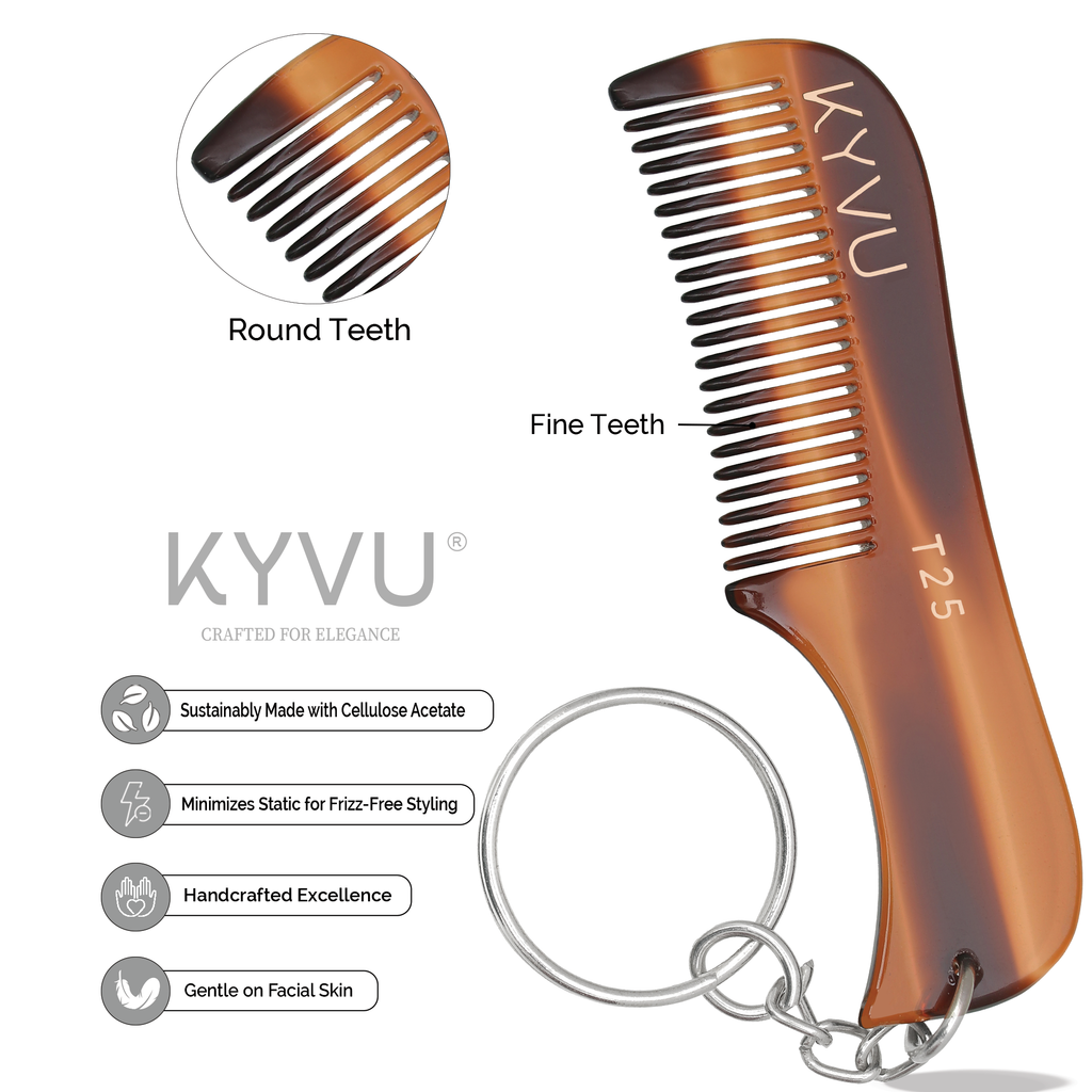 T25 tortoiseshell acetate beard comb showing integrated keyring and fine hand-rounded teeth