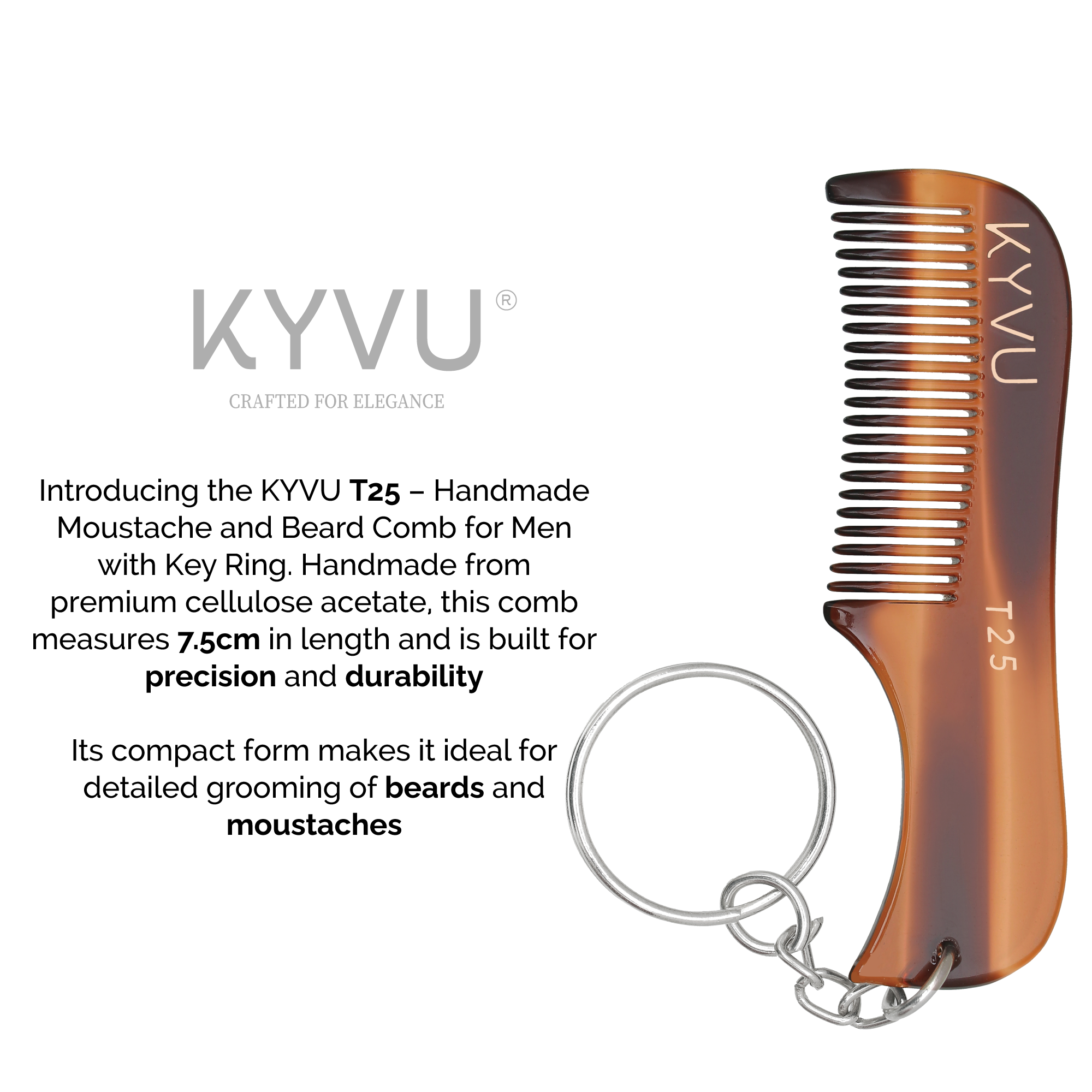KYVU T25 tortoiseshell beard comb size guide — 7.5 cm length, 2.1 cm width, 0.325 cm thickness