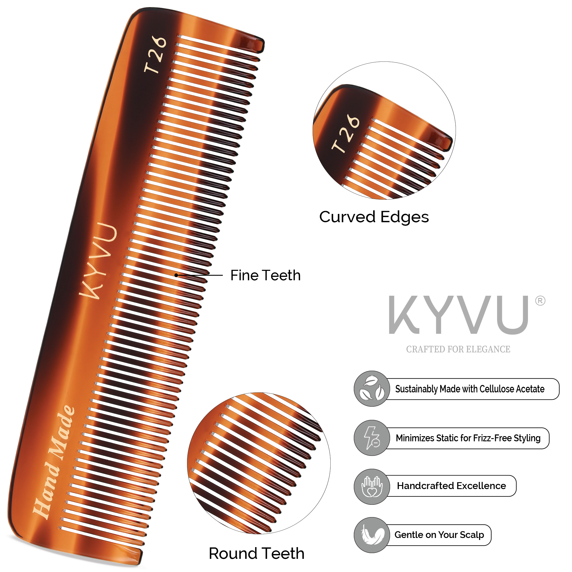 KYVU T26 fine tooth comb teeth closeup — hand-polished rounded tips, snag-free on thick curly and textured hair, scalp-friendly