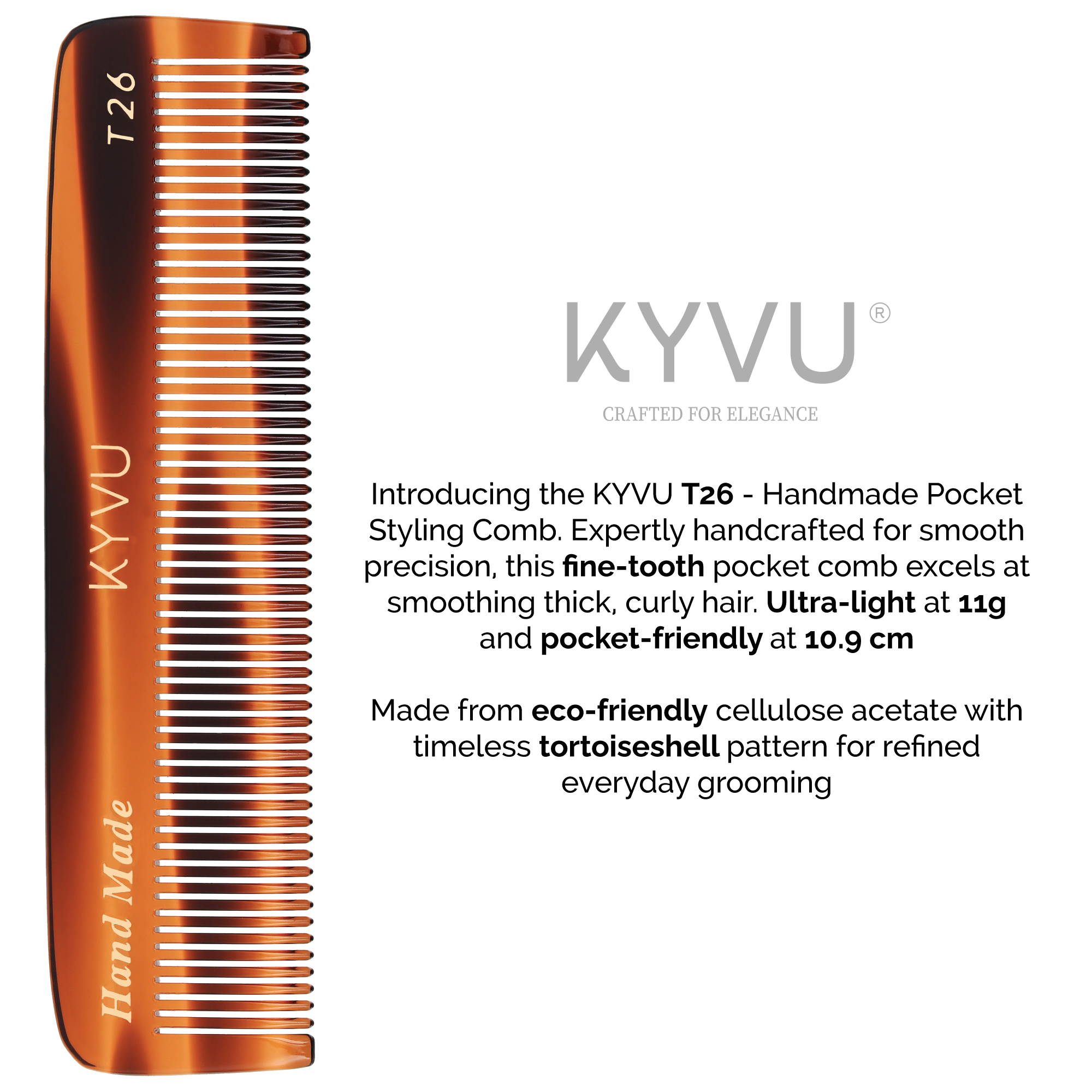KYVU T26 handmade fine-tooth grooming comb — cellulose acetate tortoiseshell, low-static, precision styling for thick curly textured hair
