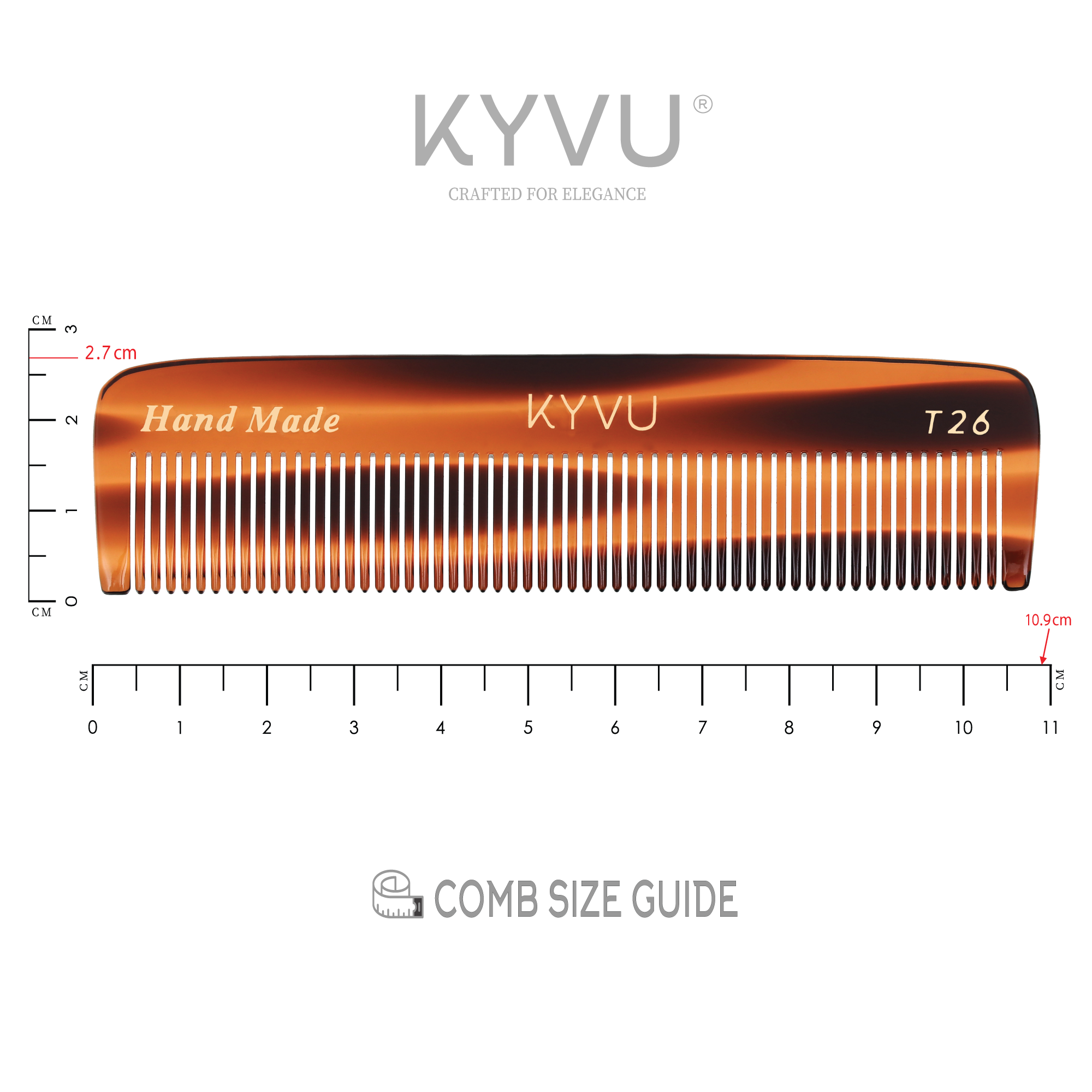 KYVU T26 pocket comb size guide — 10.9 cm length, 2.7 cm width, 0.37 cm thickness, 11 grams ultra-light