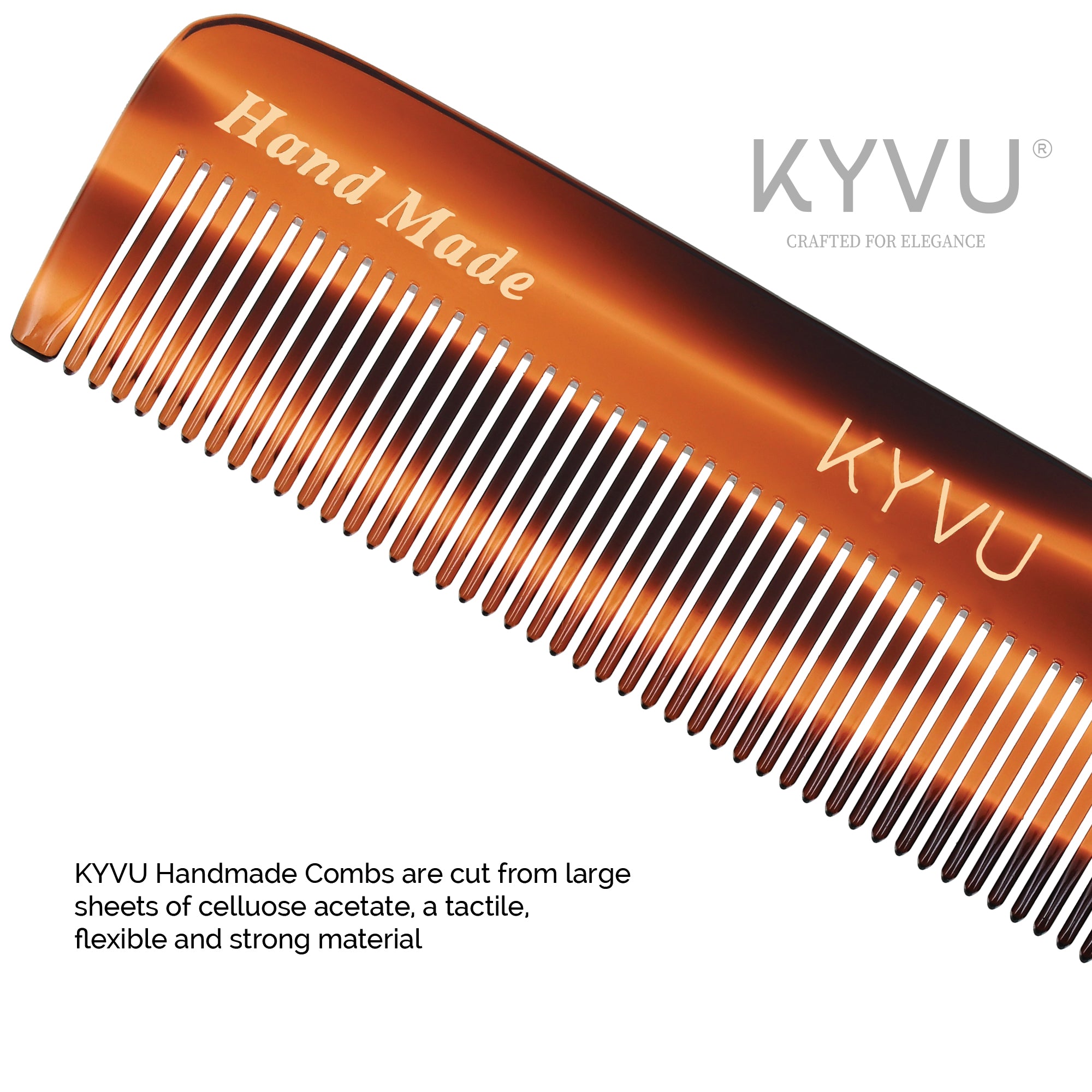 KYVU T26 tortoiseshell pocket comb handcrafted from premium cellulose acetate sheets, hand-polished for smooth snag-free finish