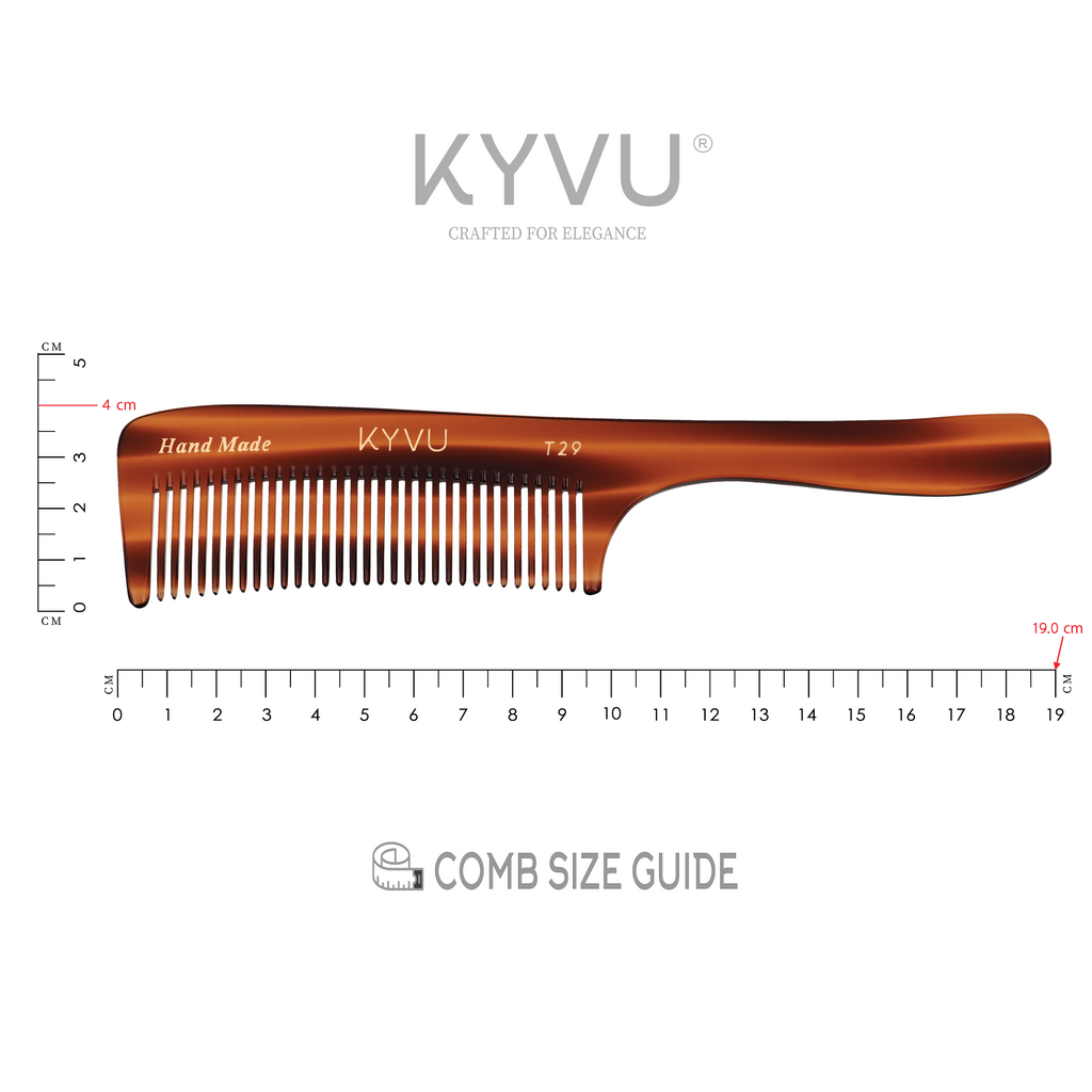 KYVU T29 tortoiseshell rake comb with handle specifications — 19 cm, 18 g, cellulose acetate, 31 teeth