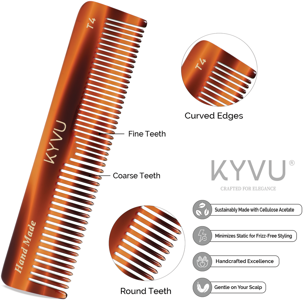 T4 tortoiseshell acetate comb teeth detail — coarse wider-spaced teeth on one half, fine closely-spaced teeth on the other