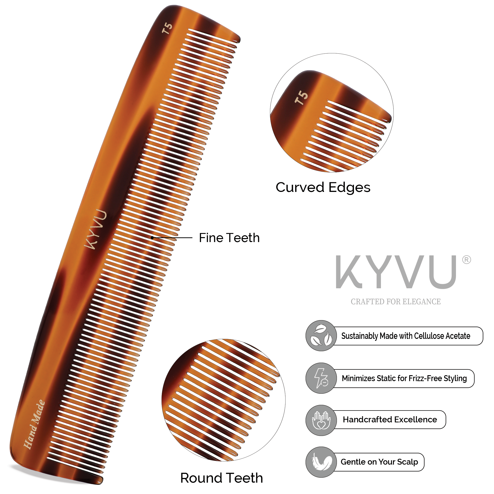 T5 tortoiseshell acetate comb showing closely-spaced fine teeth with hand-rounded tips