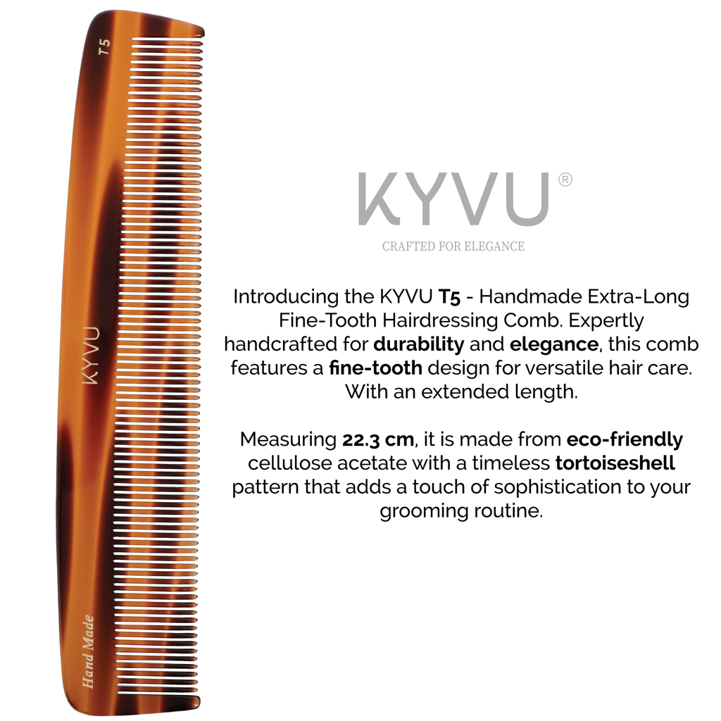 KYVU T5 fine-tooth comb size guide — 22.3 cm length, 4.4 cm width, 0.45 cm thickness