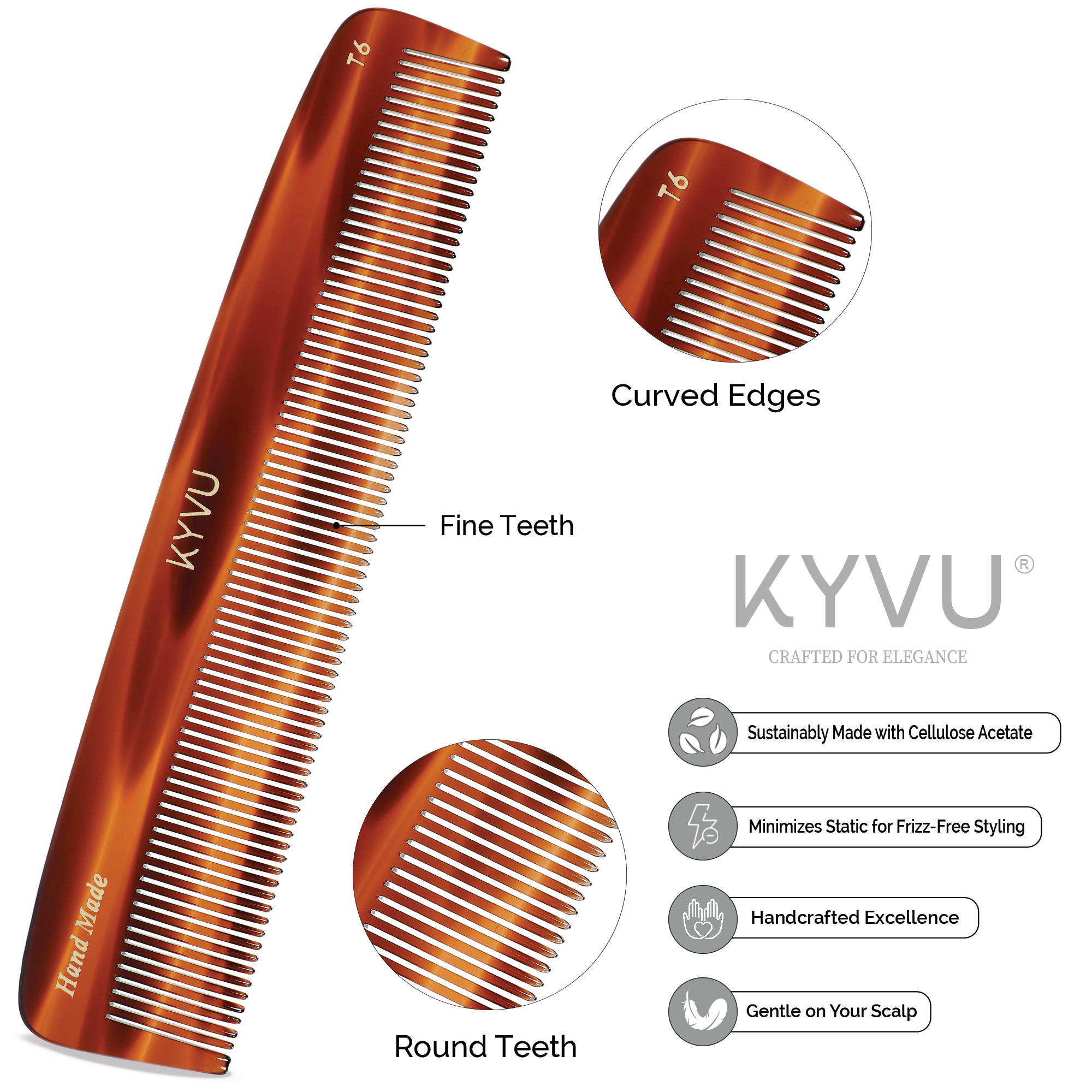 T6 tortoiseshell acetate comb showing closely-spaced fine teeth with hand-rounded tips