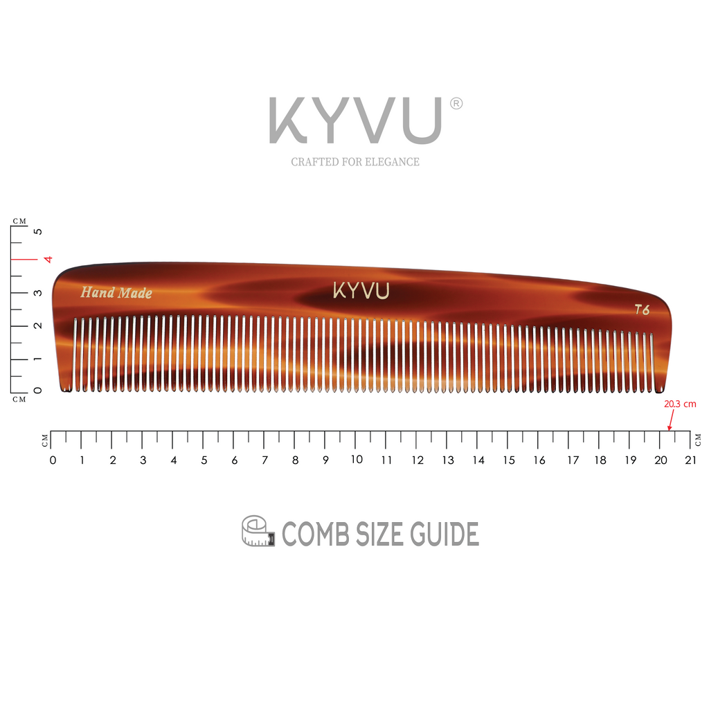 KYVU T6 tortoiseshell fine-tooth comb specifications — 20.3 cm, 26 g, cellulose acetate, fine teeth