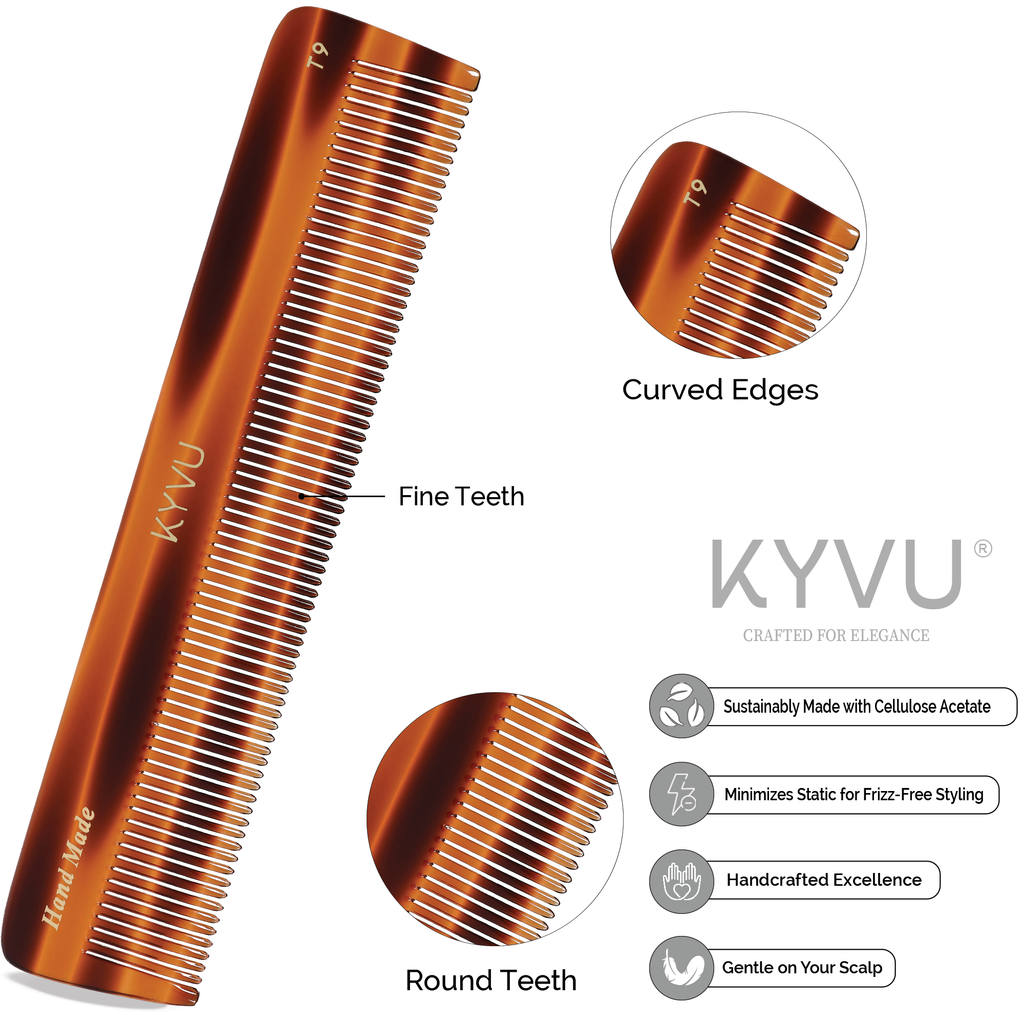 T9 tortoiseshell acetate comb showing closely-spaced fine teeth with hand-rounded tips