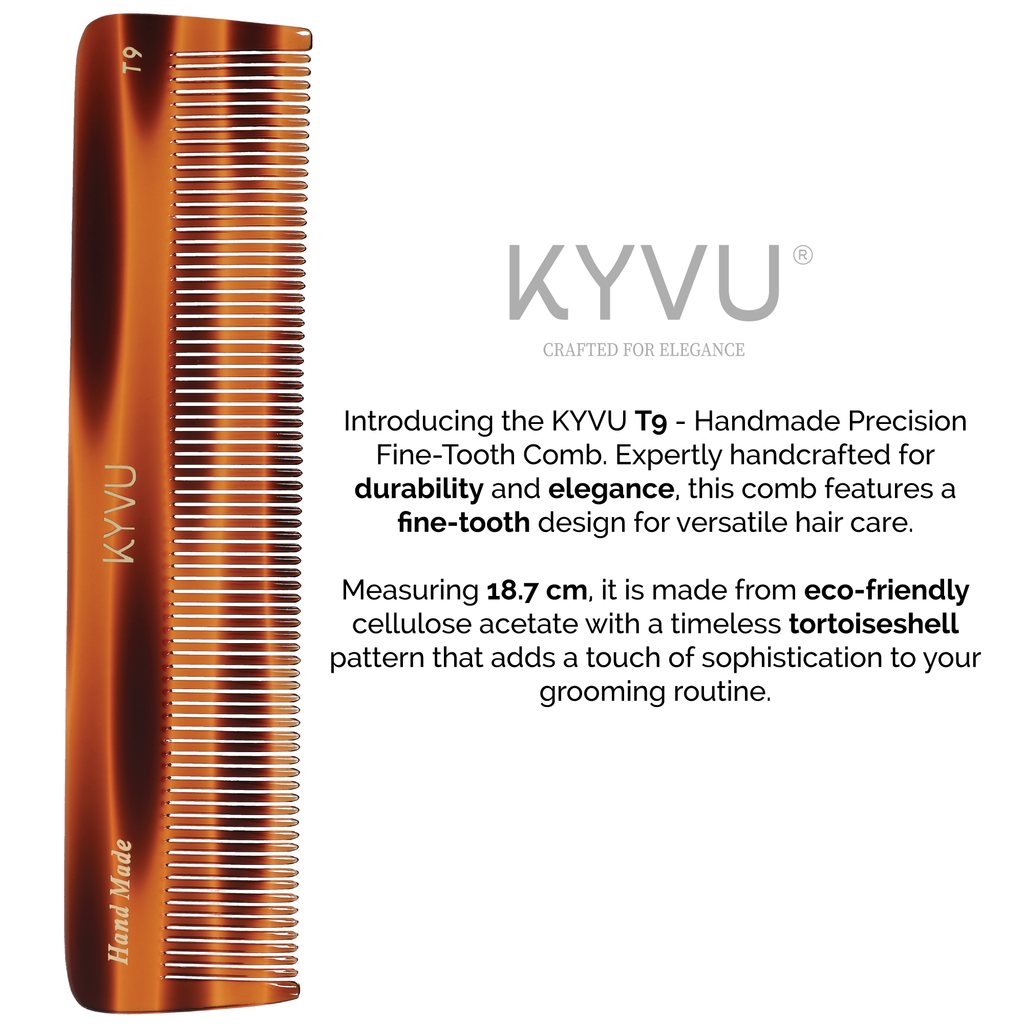 KYVU T9 fine-tooth comb size guide — 18.7 cm length, 3.8 cm width, 0.375 cm thickness