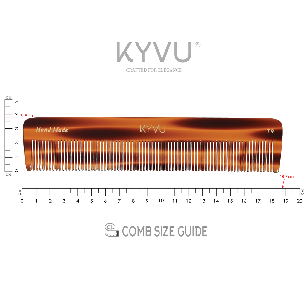 KYVU T9 tortoiseshell fine-tooth comb specifications — 18.7 cm, 26 g, cellulose acetate, fine teeth