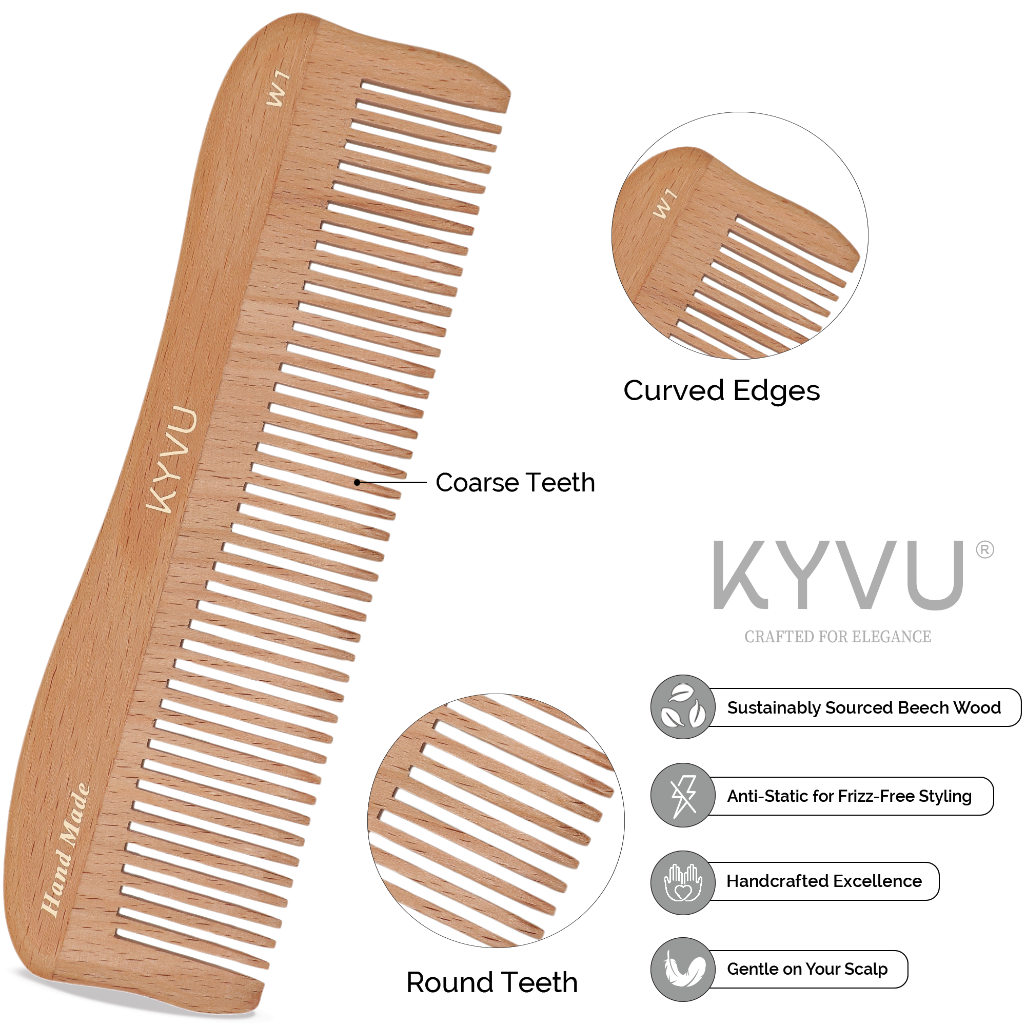 KYVU W1 steam beech wood comb close-up showing smooth natural grain