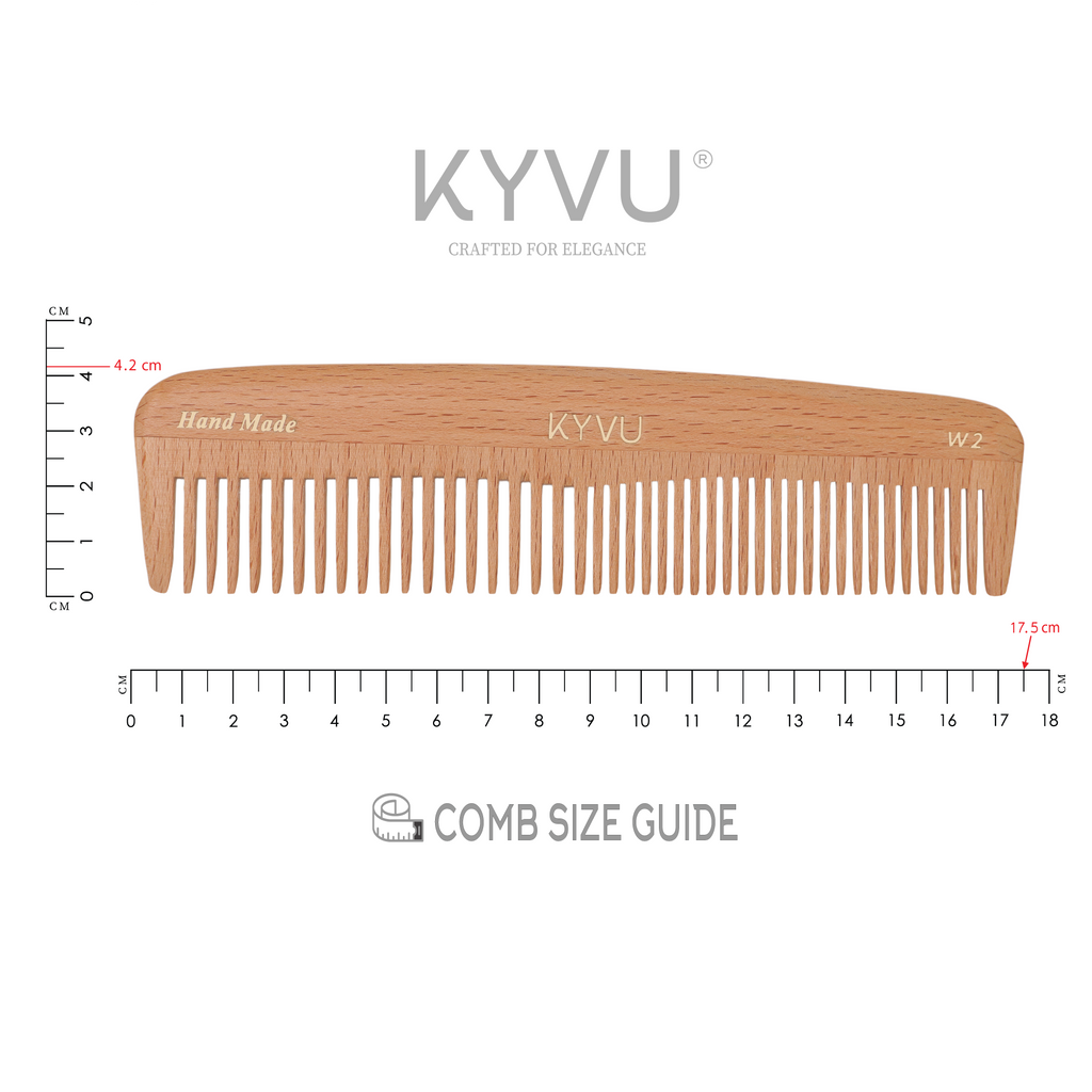 W2 wooden dual-tooth comb size guide — 17.5 cm length, 4.2 cm width, 0.55 cm thickness