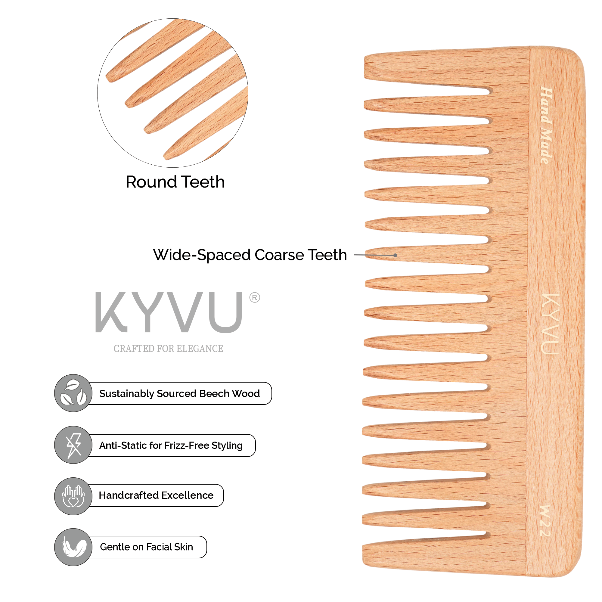 W22 steam beech comb showing wide-spaced teeth with hand-rounded tips