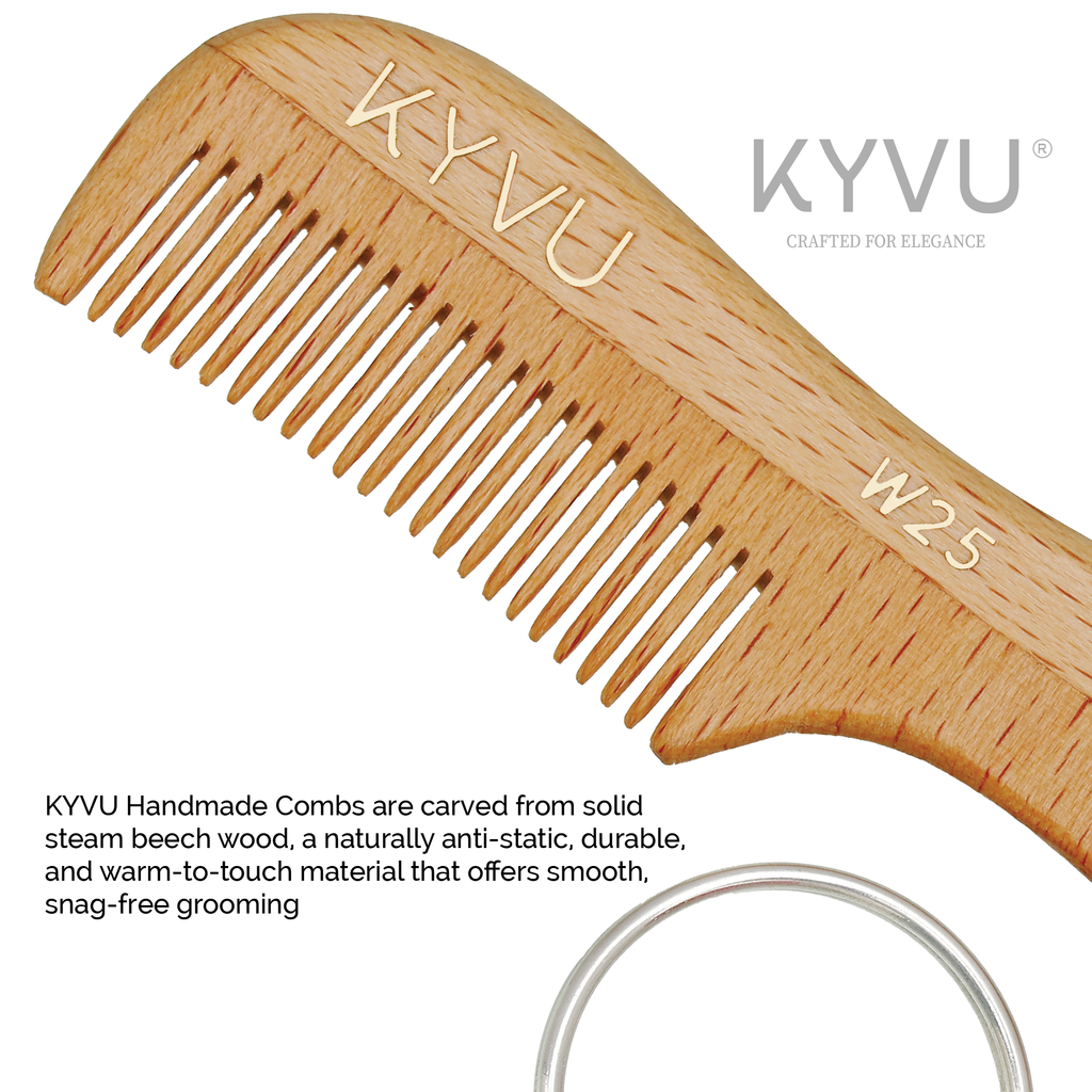 KYVU W25 handmade wooden beard and moustache comb with keyring in natural beechwood, fine-tooth, for men