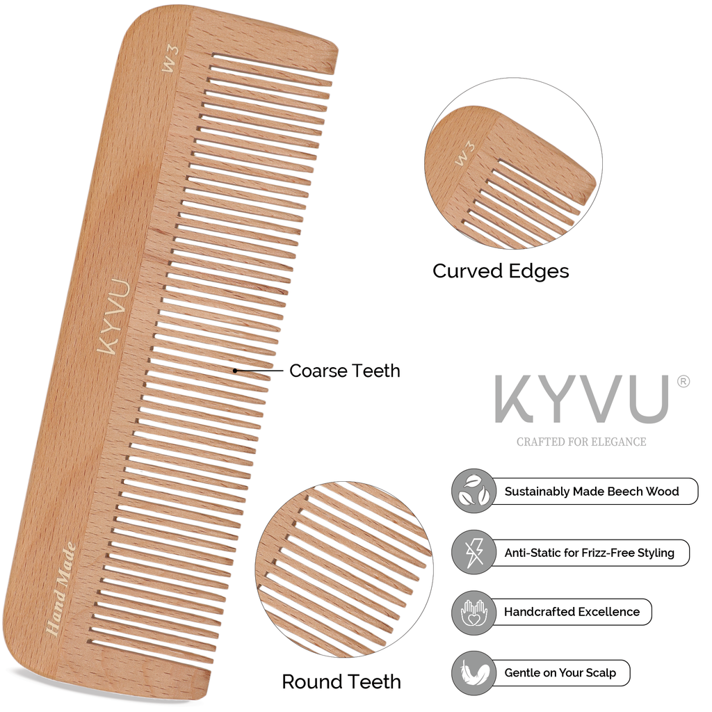 W3 wooden comb showing coarse wide-spaced teeth with hand-rounded tips