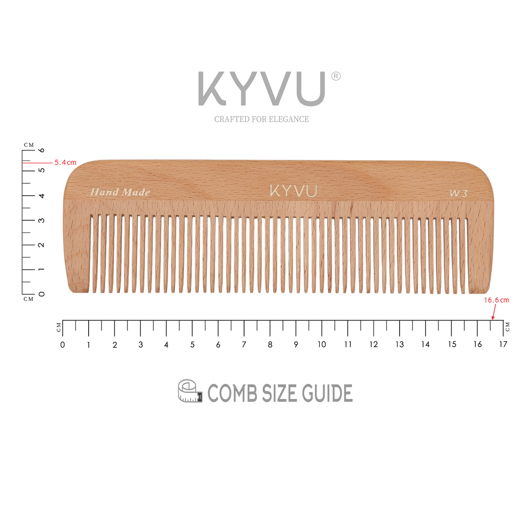 W3 wooden coarse-tooth comb size guide — 16.6 cm length, 5.4 cm width, 0.55 cm thickness