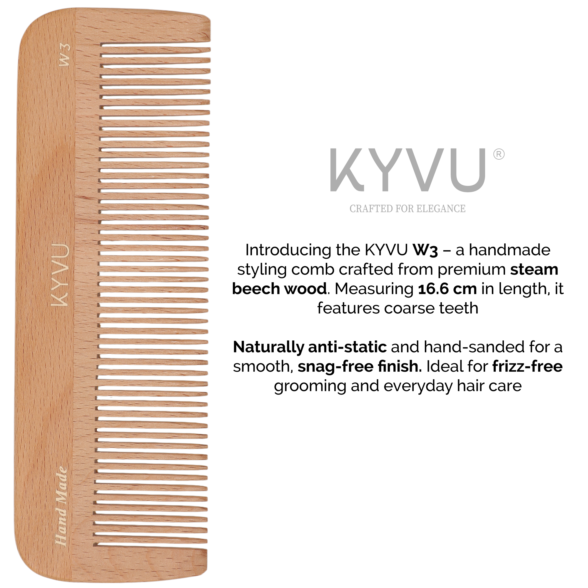 W3 steam beech coarse-tooth comb specifications — 16.6 cm, 24 g, coarse teeth, for thick and textured hair