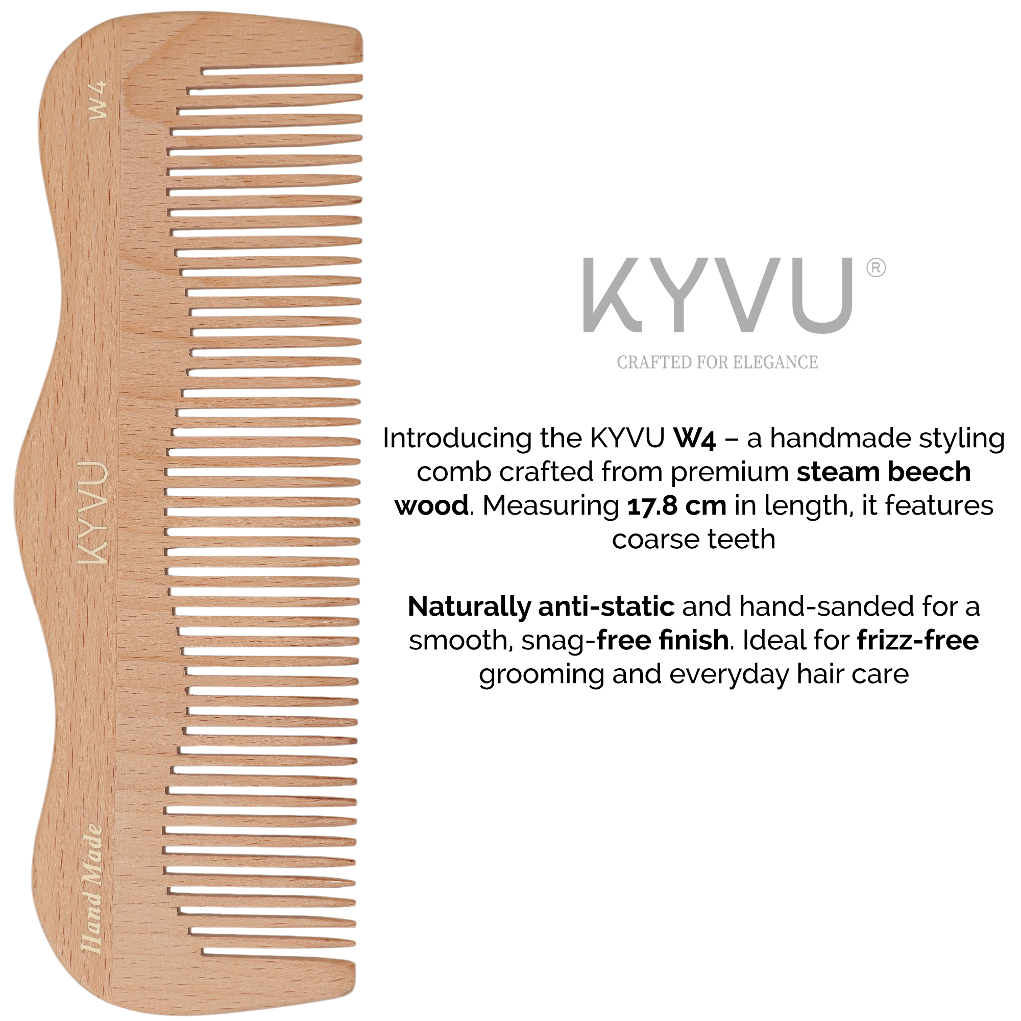 W4 steam beech coarse-tooth comb specifications — 17.8 cm, 25 g, wide-spaced coarse teeth, for thick and curly hair