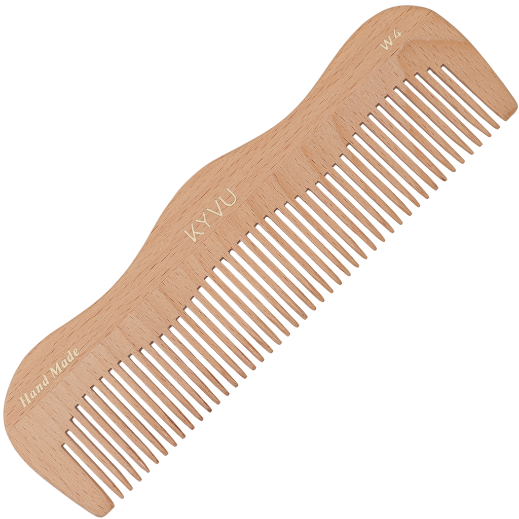 KYVU W4 handmade large coarse-tooth wooden comb in steam beech, wide-spaced teeth, for thick and curly hair