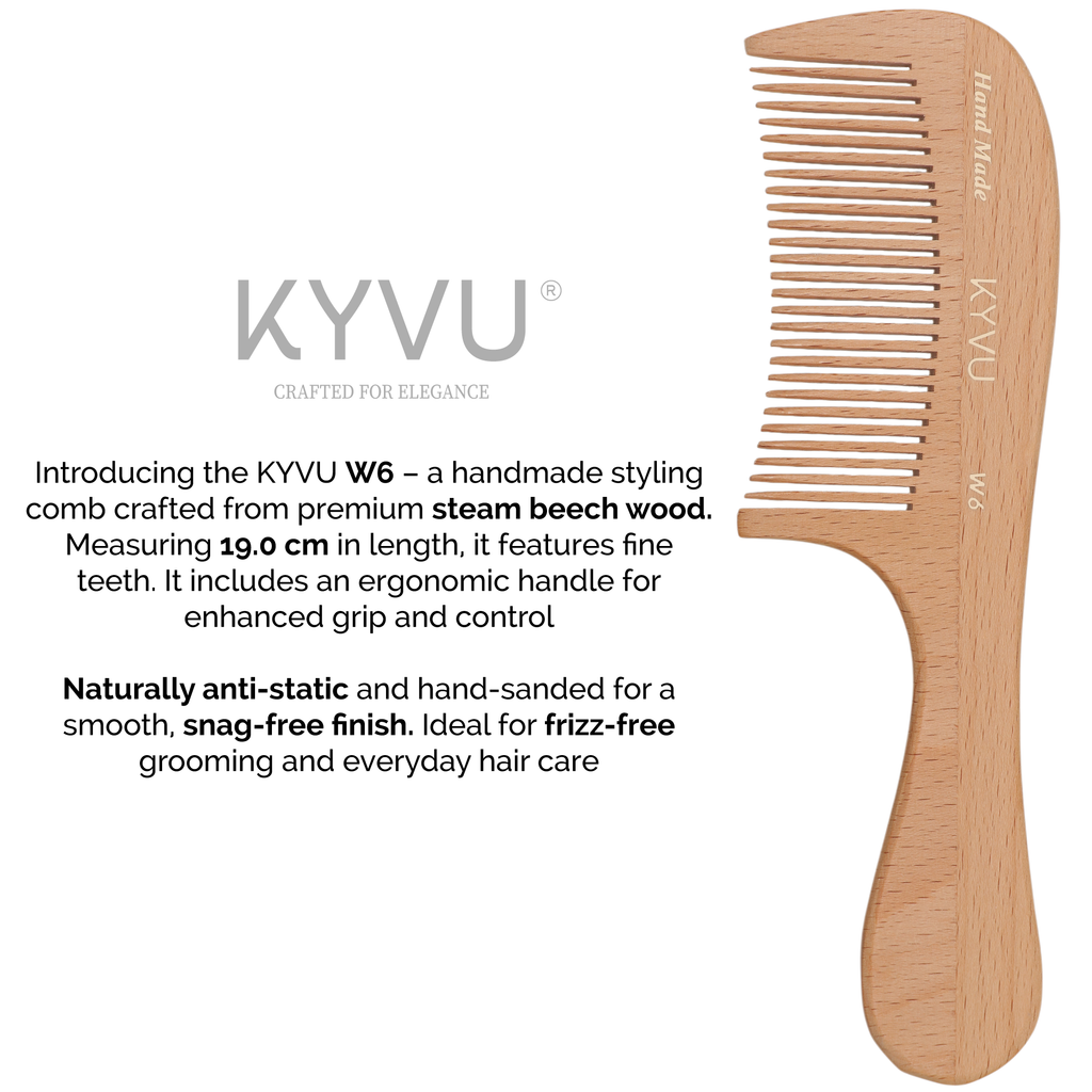 W6 steam beech comb specifications — 21 g, fine teeth, handmade