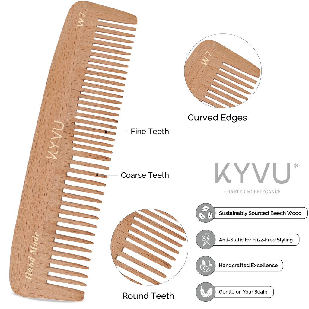 W7 wooden comb showing fine and coarse dual teeth with hand-rounded tips