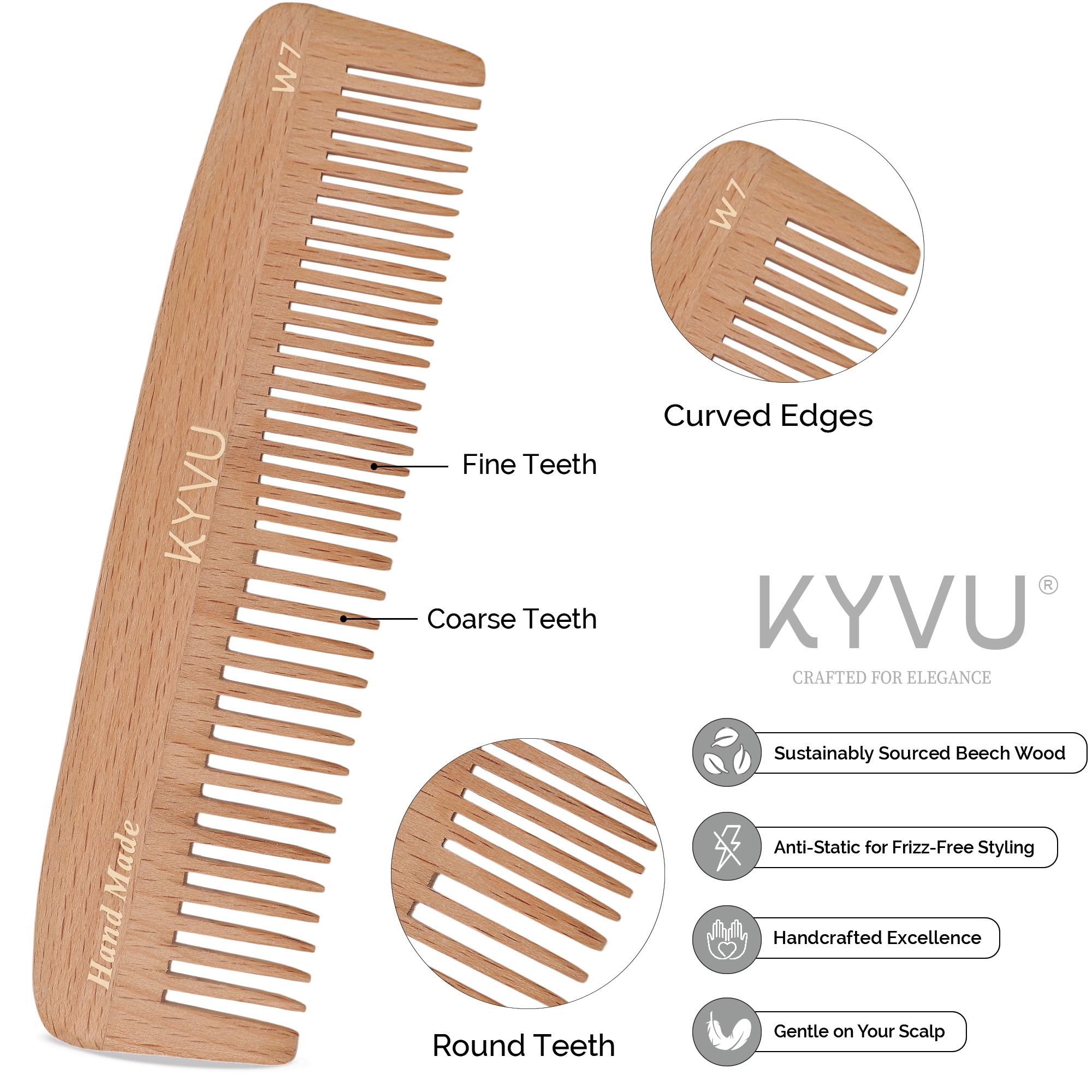 W7 wooden comb showing fine and coarse dual teeth with hand-rounded tips