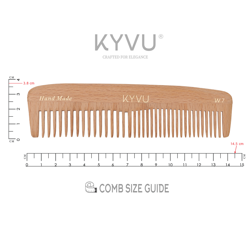 W7 wooden dual-tooth comb size guide — 14.5 cm length, 3.8 cm width, 0.55 cm thickness