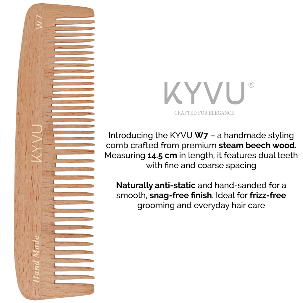 W7 steam beech dual-tooth comb specifications — 14.5 cm, 14 g, fine and coarse teeth, all hair types