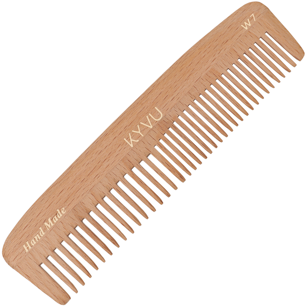 KYVU W7 handmade compact dual-tooth wooden comb in steam beech, fine and coarse teeth, for all hair types