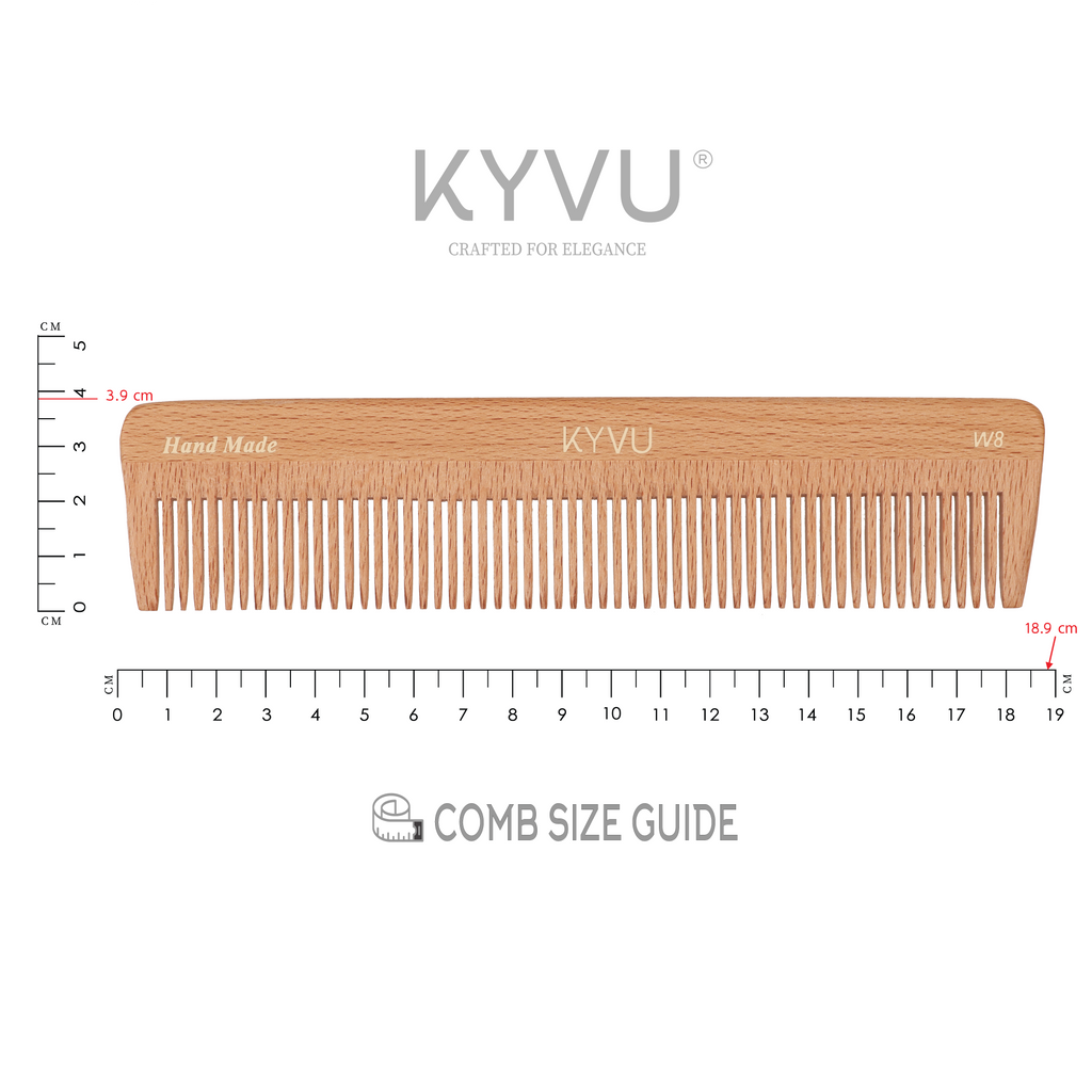 W8 wooden coarse-tooth comb size guide — 18.9 cm length, 3.9 cm width, 0.55 cm thickness