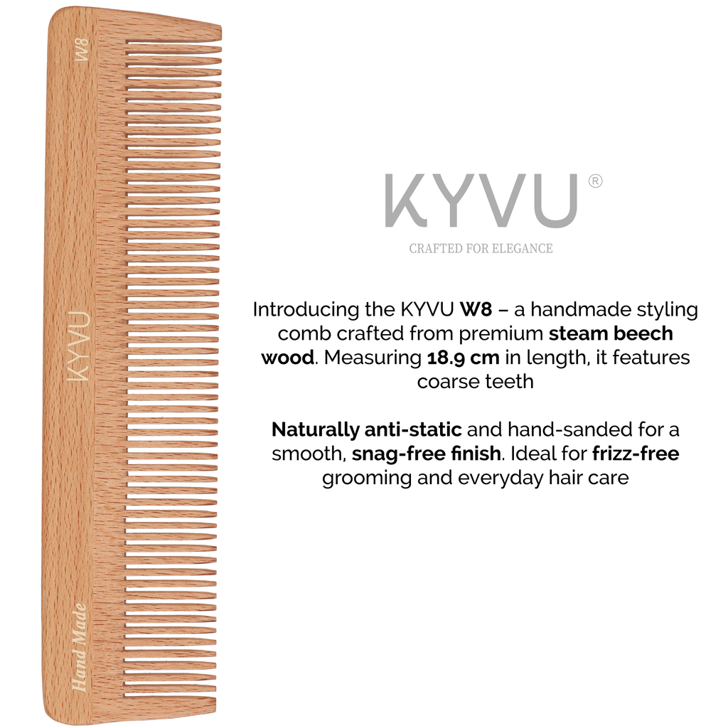 W8 steam beech coarse-tooth comb specifications — 18.9 cm, 23 g, coarse teeth, for thick and curly hair