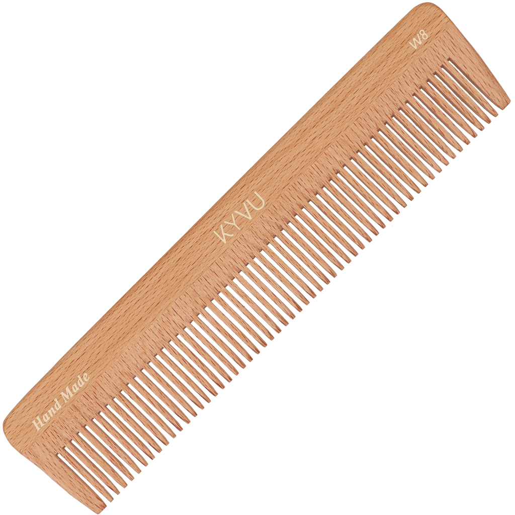 KYVU W8 handmade long slim coarse-tooth wooden comb in steam beech, for thick and curly hair